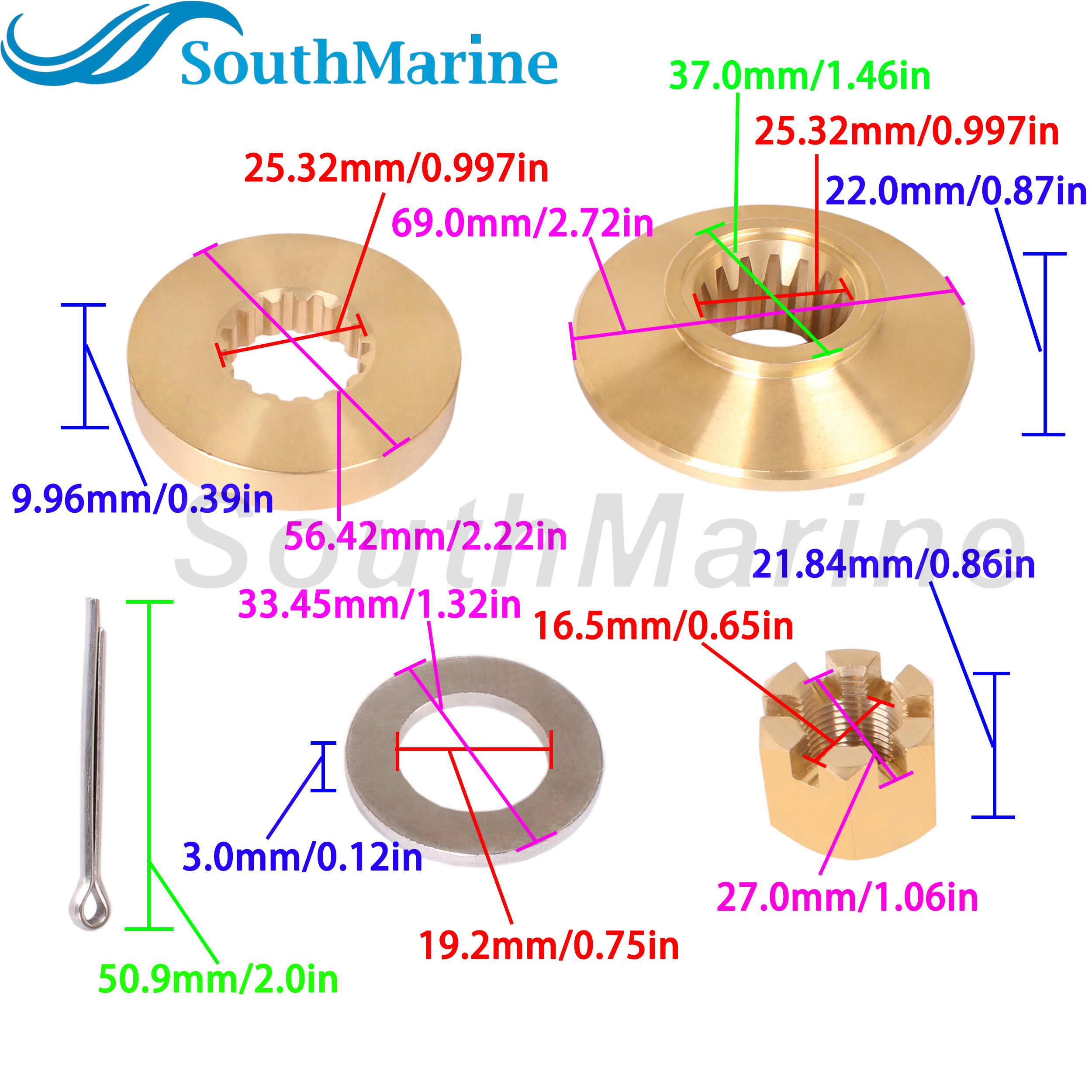 Outboard Motor 57632-87L01 Stopper Propeller Bush / Thrust Washer, 57633-90J02 Spacer, 09141-18005 Prop Nut for Suzuki 70HP-90HP