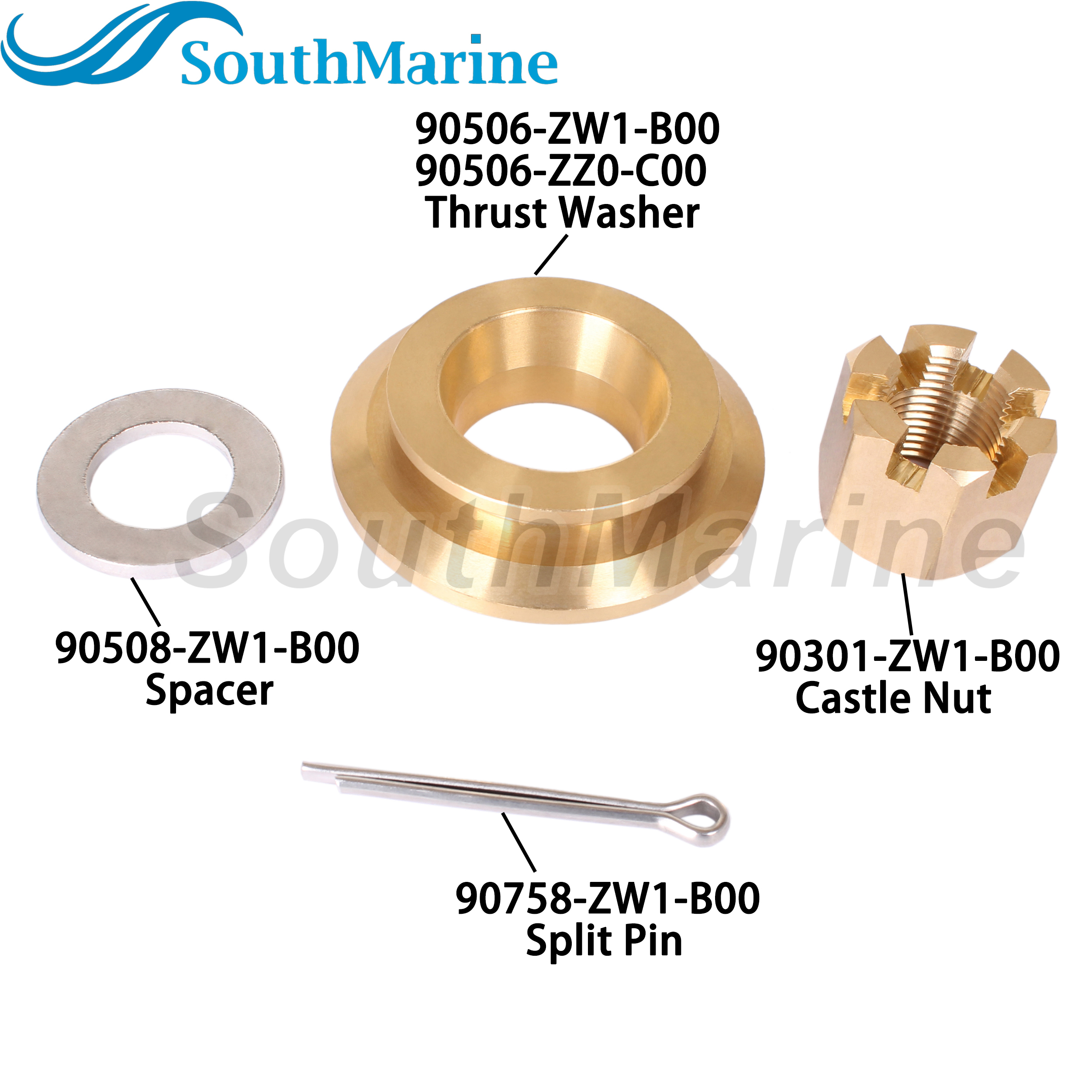 Outboard Motor 90506-ZW1-B00 90506-ZZ0-C00 Thrust Washer, 90301-ZW1-B00 Castle Nut for Honda 75HP-130HP Propeller Hardware Kit