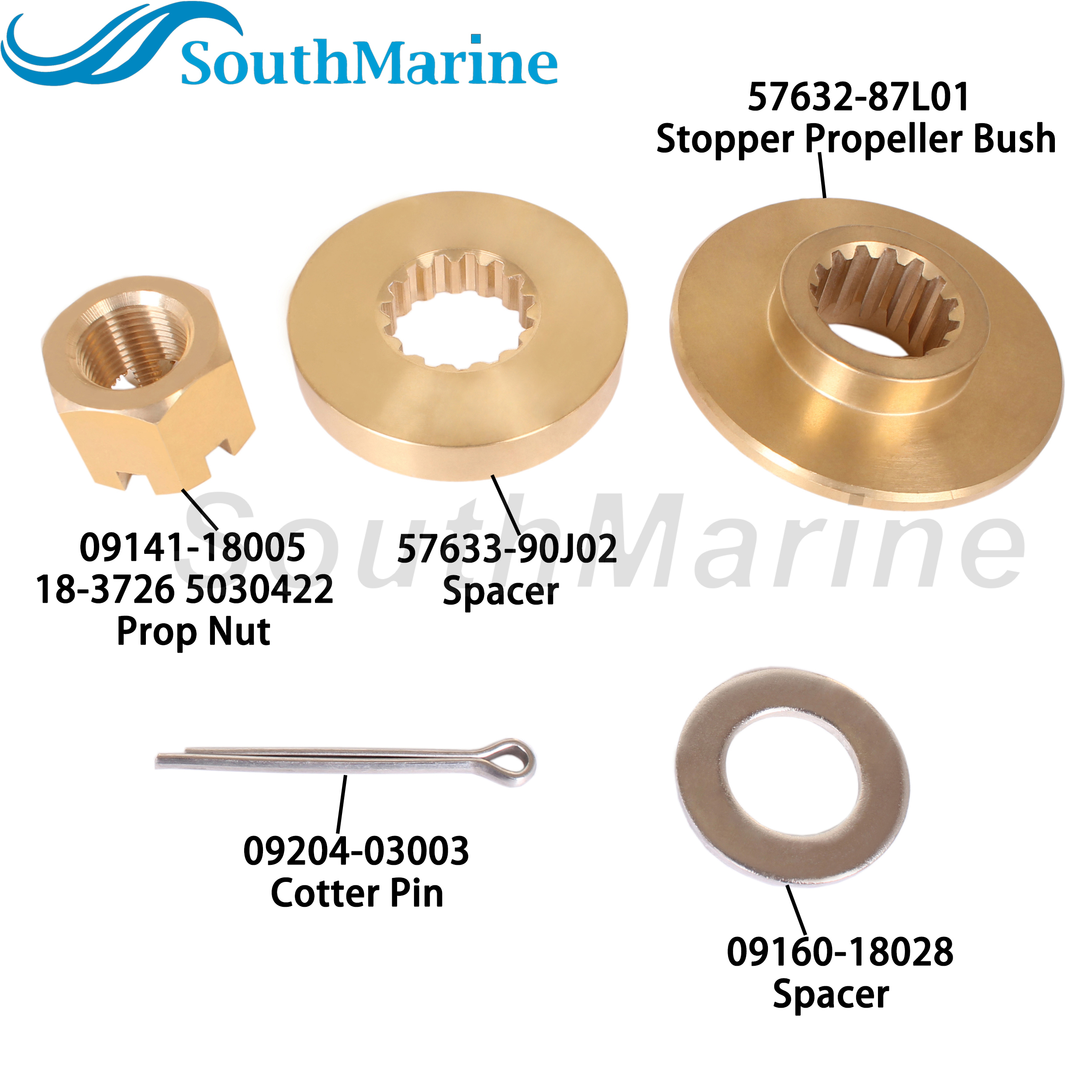 Outboard Motor 57632-87L01 Stopper Propeller Bush / Thrust Washer, 57633-90J02 Spacer, 09141-18005 Prop Nut for Suzuki 70HP-90HP