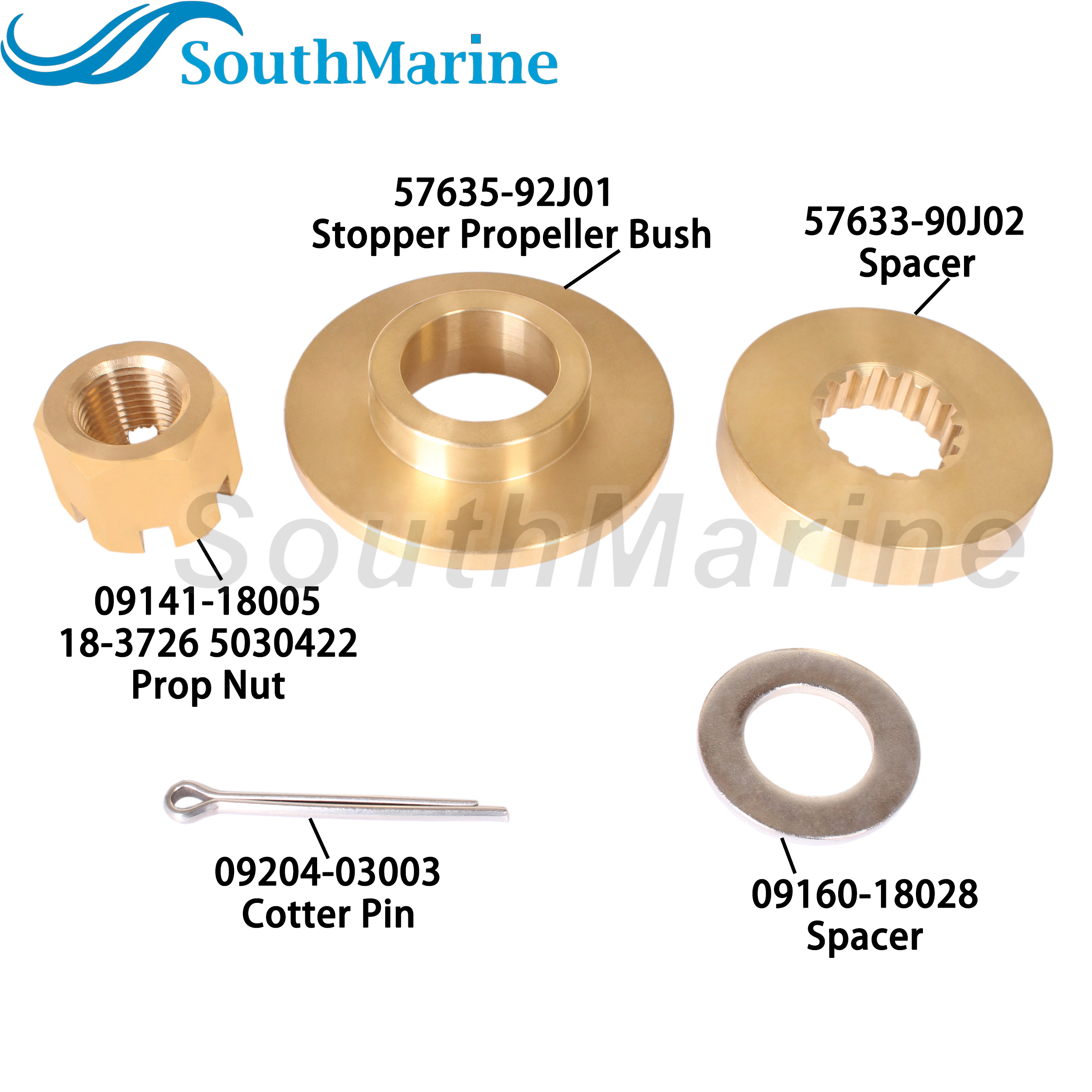 Outboard Motor 57635-92J01 Stopper Propeller Bush / Thrust Washer, 57633-90J02 Spacer, 09141-18005 Nut Kit for Suzuki 90HP-140HP