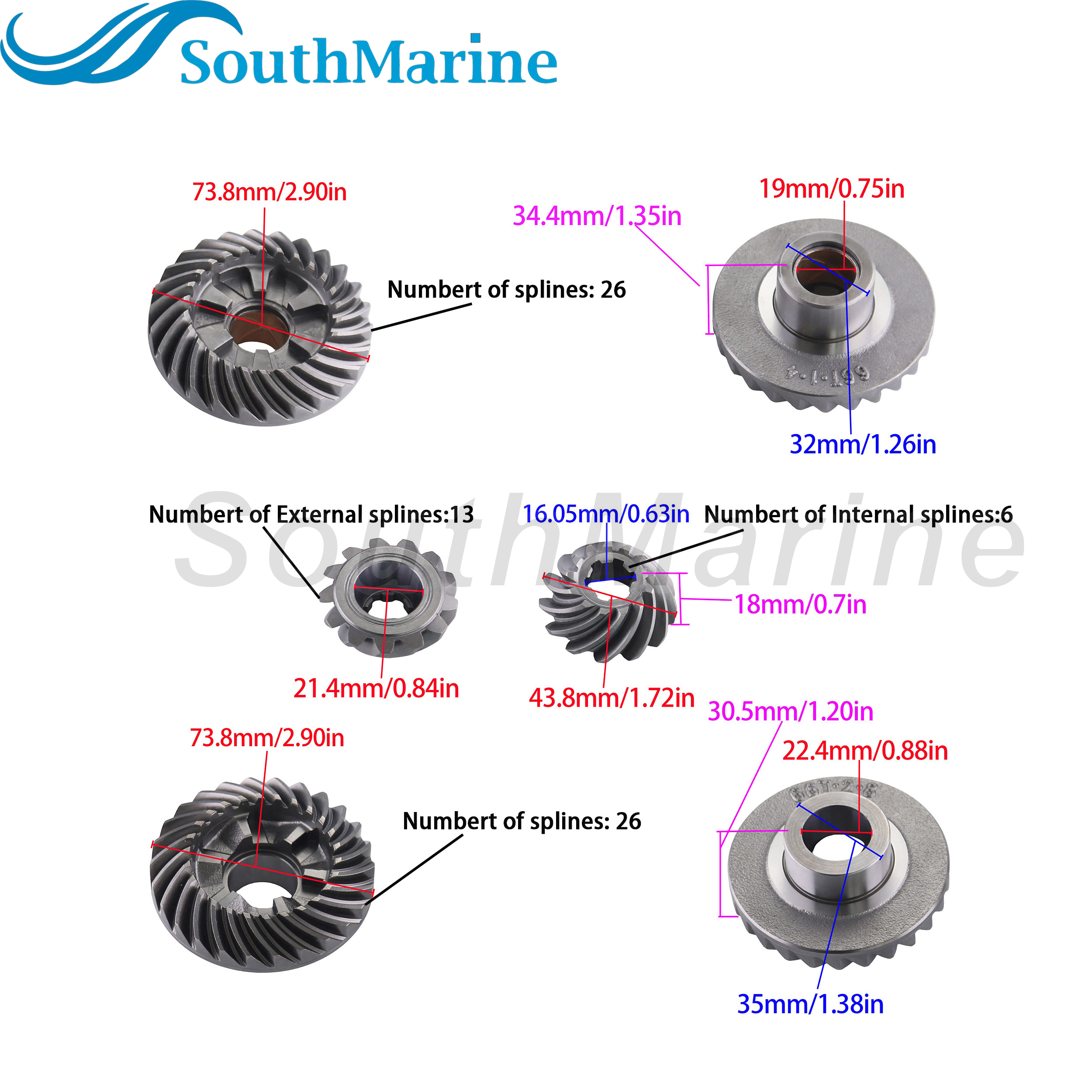 Boat Engine 66T-45551-00/01 Pinion & 66T-45560-00/01 Forward & 66T-45570-00/01 Reverse Gear Set for Yamaha Parsun Hidea 40HP 40X