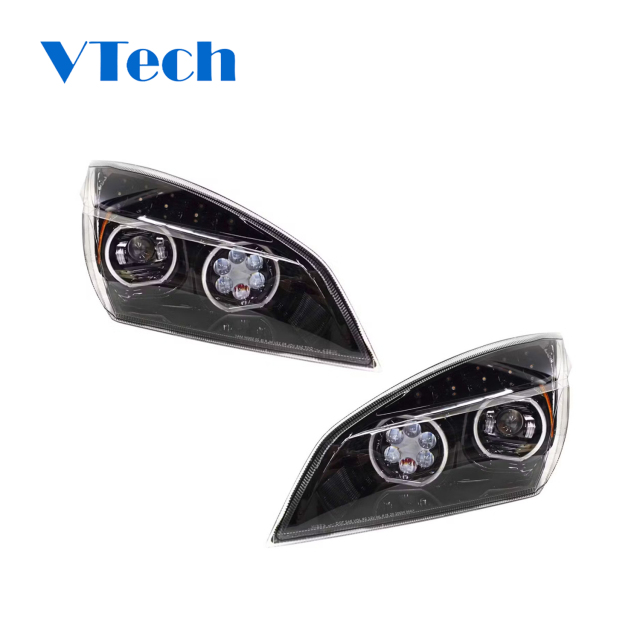 Freightliner Cascadia Truck Parts Headlamp 2018+ Blackout Full LED Projection Headlight With High Beam and DRL Halo Rings
