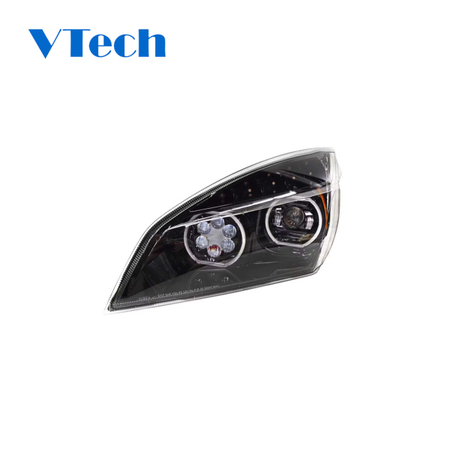 Freightliner Cascadia Truck Parts Headlamp 2018+ Blackout Full LED Projection Headlight With High Beam and DRL Halo Rings