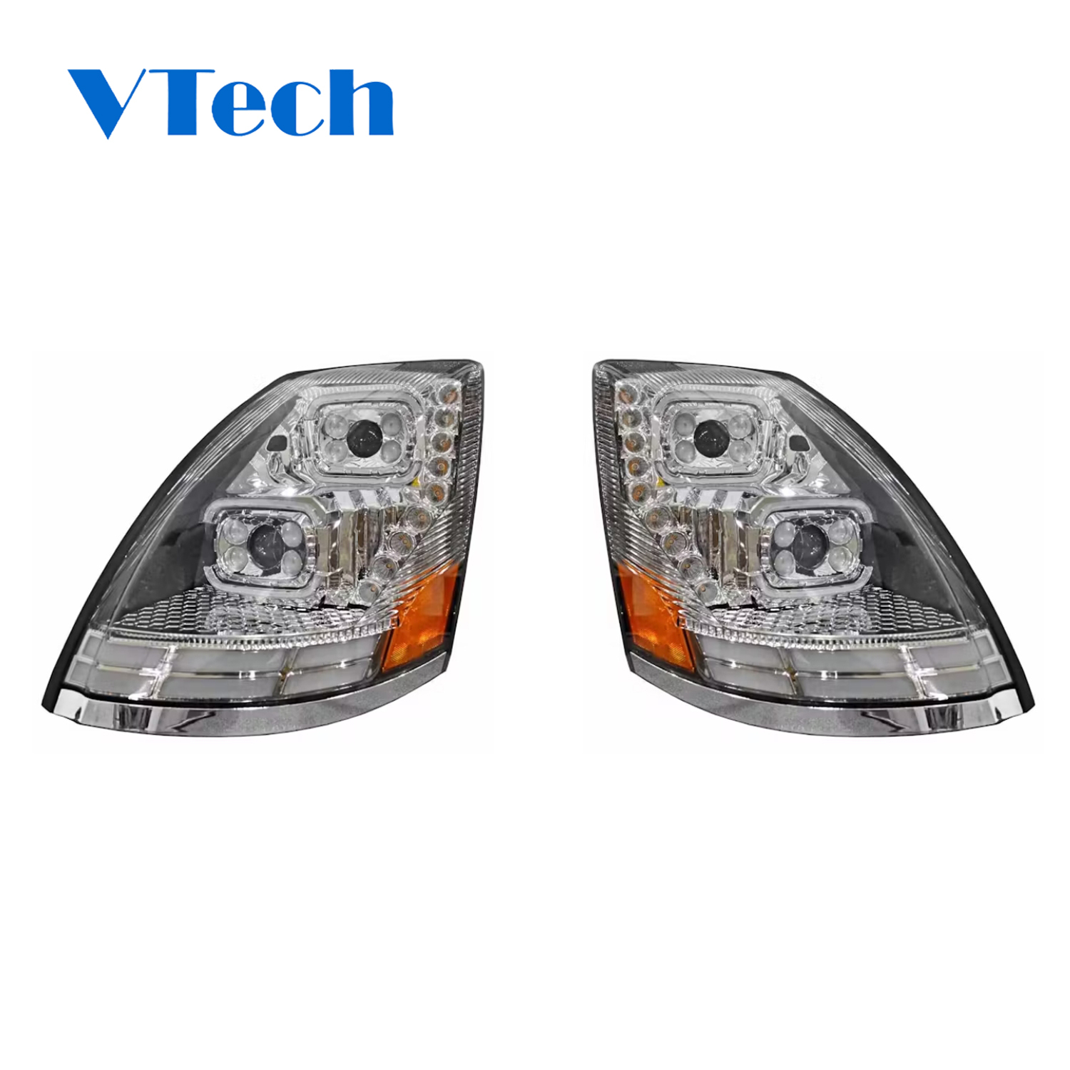 Volvo VNL VT 2004-2018 Full LED Chrome Projection Headlight With Halo Ring And Sequential Turn Signal