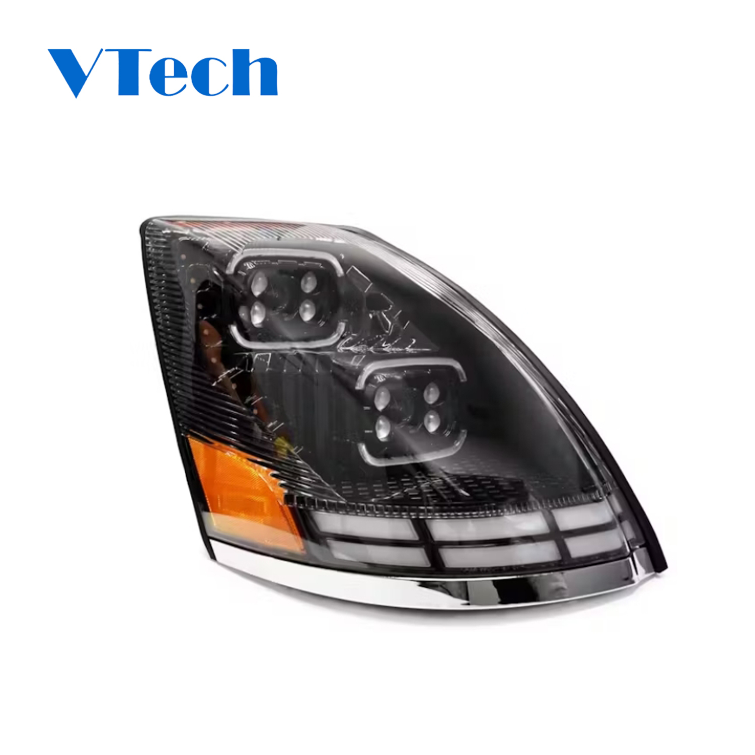 Volvo VNL VT 2004-2018 Full LED Black Projection Headlight With Halo Ring And Sequential Turn Signal