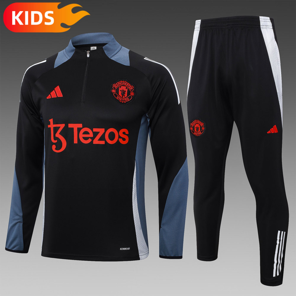 2024/2025 Manchester United Half-Pull Training Wear Black Football Shirt Kids Size