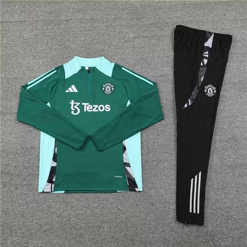 2024/2025 Manchester United Half-Pull Training Wear Green Football Shirt Kids Size