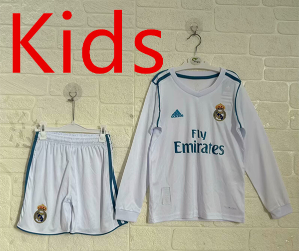 Retro Version 2017-2018 Real Madrid Home White LS Kids/Youth Soccer Uniform-2483