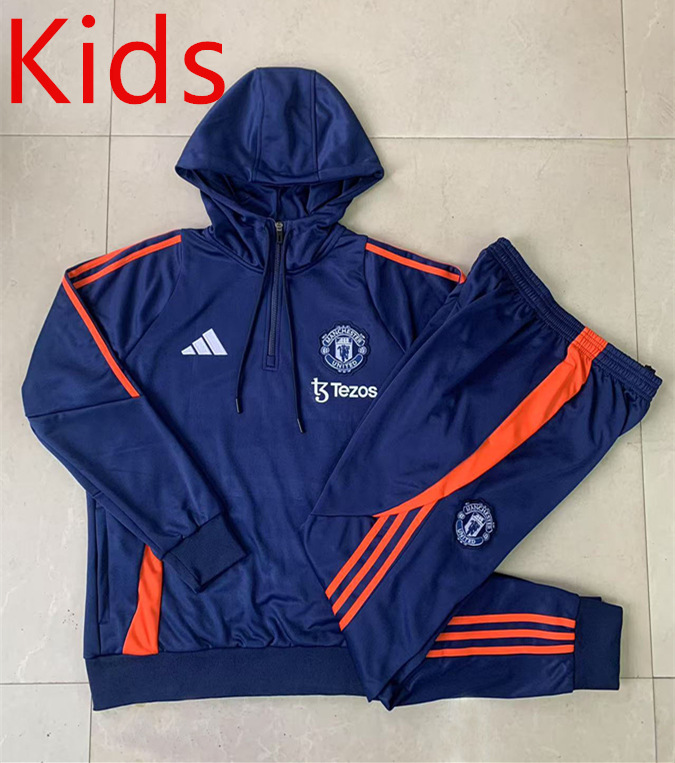 2024-25 Manchester United Blue Kids/Youth Soccer Tracksuit With Hat -815
