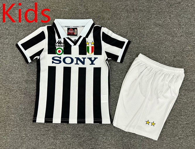 Retro Version 1995-1996 Juventus Home White& Black Soccer kids Uniform-7809