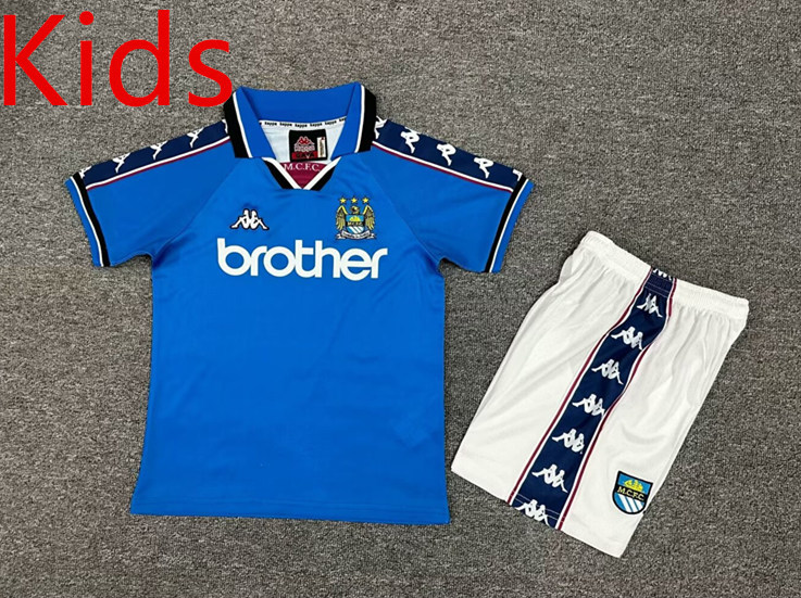 Retro Version 97-98 Manchester City Home Blue Kids/Youth Soccer Uniform-7809