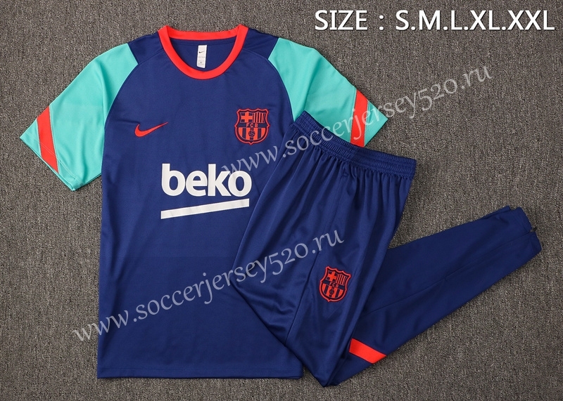2021-2022 Barcelona Camouflage Blue (Green Sleeved) Short-sleeved Thailand Soccer Tracksuit Uniform-815