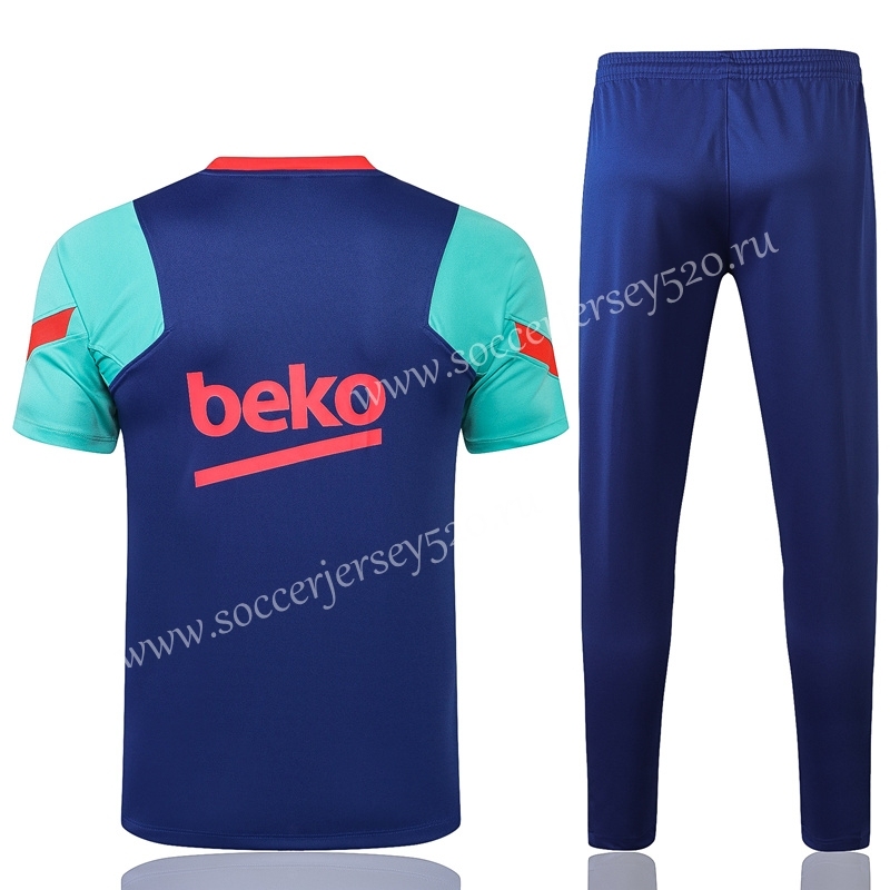 2021-2022 Barcelona Camouflage Blue (Green Sleeved) Short-sleeved Thailand Soccer Tracksuit Uniform-815