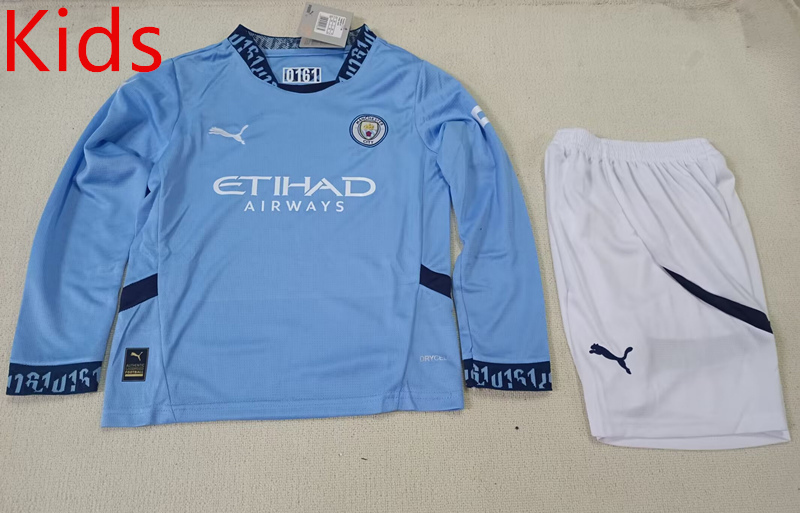 2024-2025 Manchester City Home Blue LS Kid/Youth Soccer Uniform-507