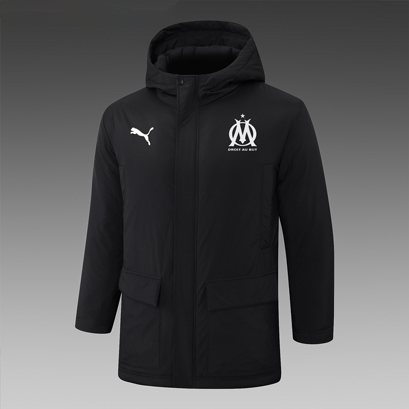 (White Logo) 2024-2025 Olympique Marseille Black Cotton Coat With Hat-815