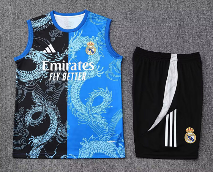 2025-2026 Dragon Version Real Madrid Blue&Black Training Soccer Vest Uniform-418