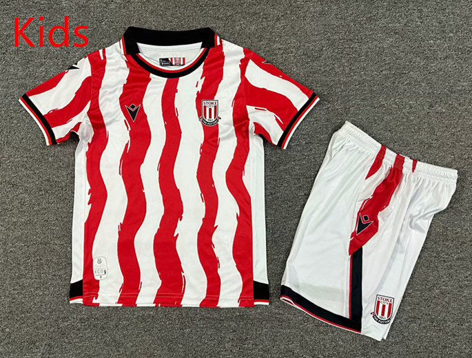 2025-2026 Stoke City Home Red&White Thailand kids Soccer Unifrom-7809