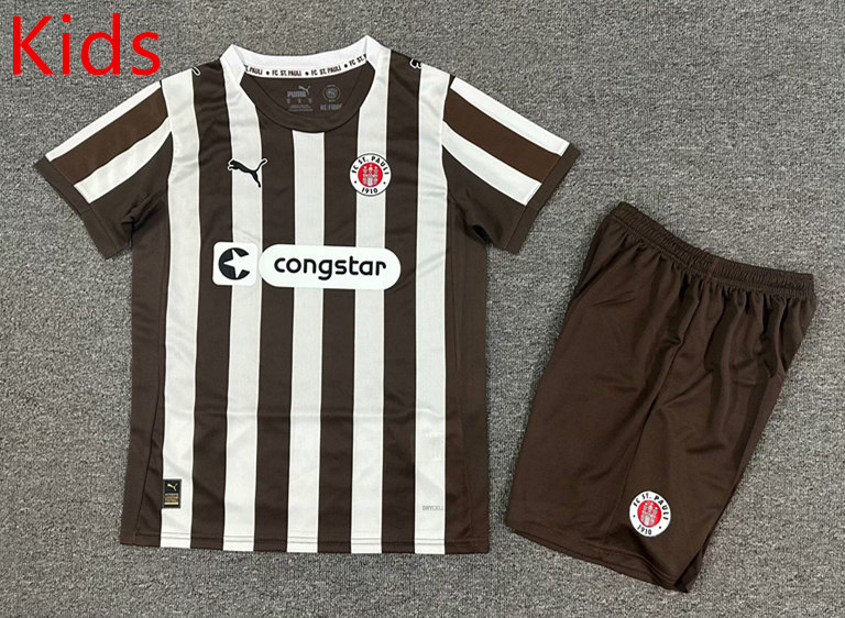 2025-2026 FC St. Pauli Home Brown&White Stripes Kids/Youth Soccer Uniform-7809