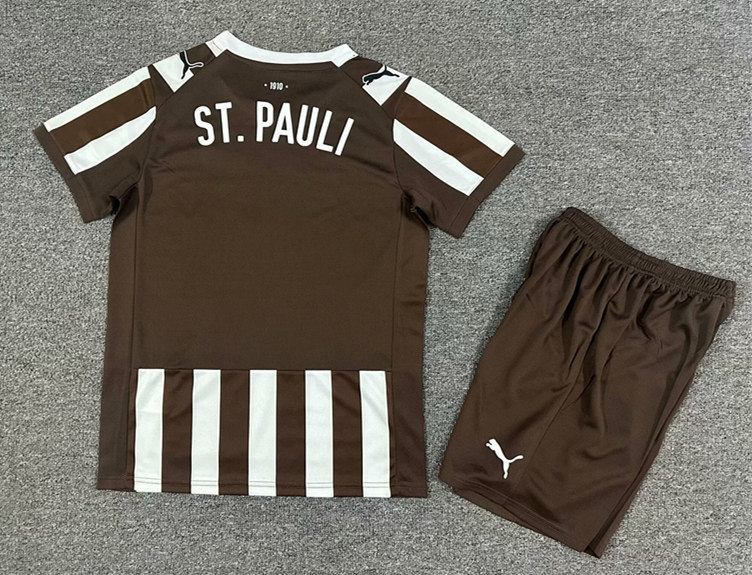 2025-2026 FC St. Pauli Home Brown&White Stripes Kids/Youth Soccer Uniform-7809