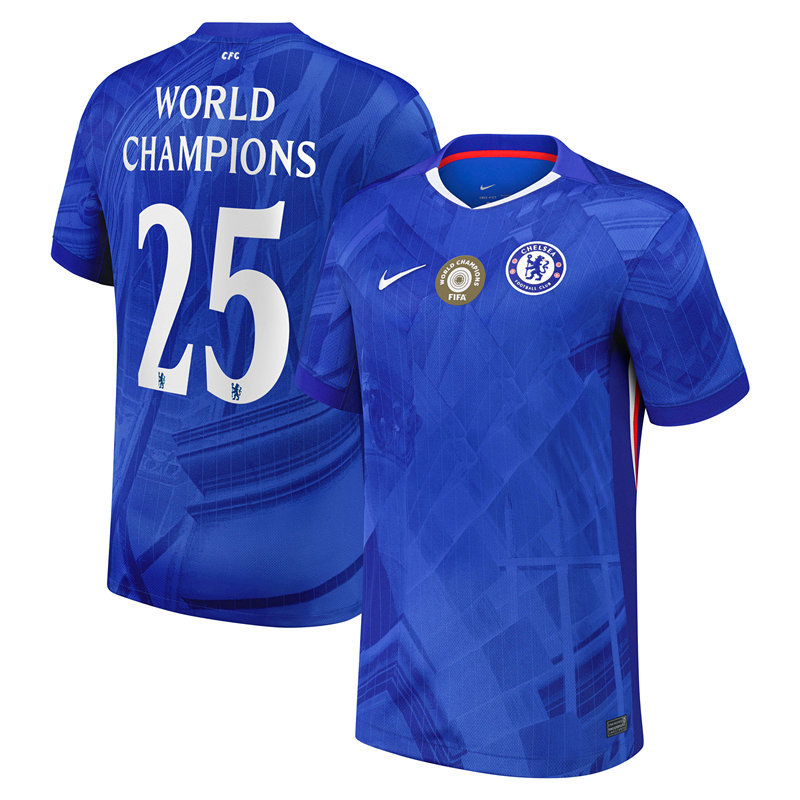 (S-5XL) With Patches 2025-2026 Chelsea Home Blue #25 World Champions Thailand Soccer Jersey AAA