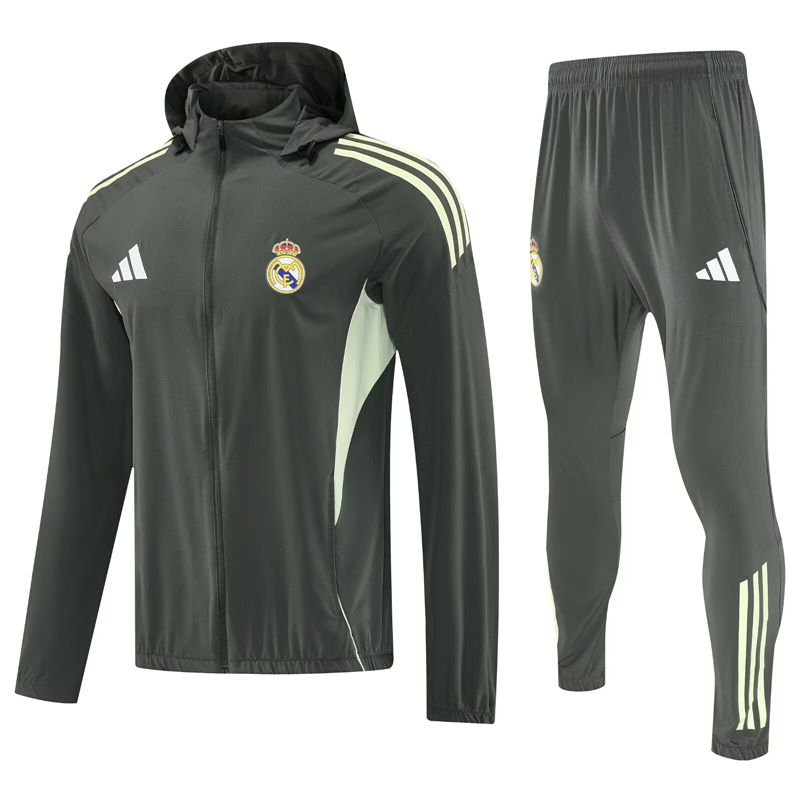 2025-2026 Real Madrid Army Green Thailand Soccer Trench Coat Uniform(With Hats)-4627