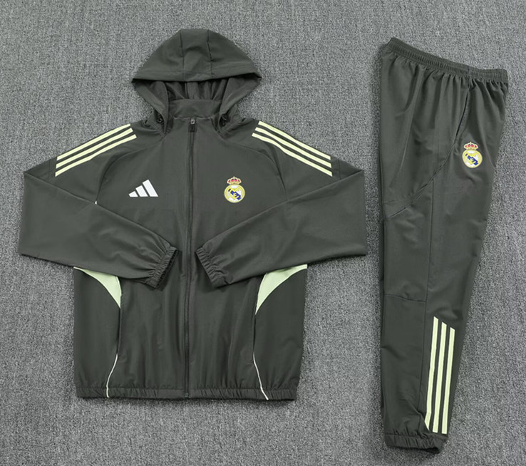 2025-2026 Real Madrid Army Green Thailand Soccer Trench Coat Uniform(With Hats)-4627