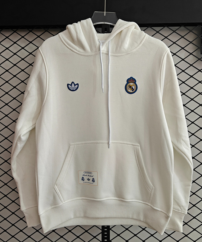(S-3XL) Retro Embroidered Real Madrid White Hooded Thailand Soccer Tracksuit-CS