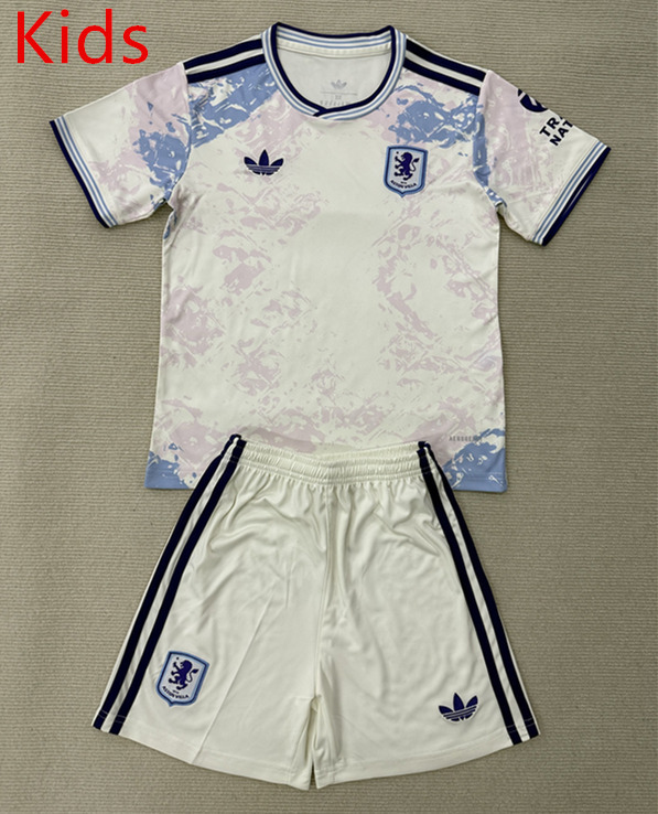 2025-2026 Aston Villa 2nd Away White&Pink Kids/Youth Soccer Uniform-AY