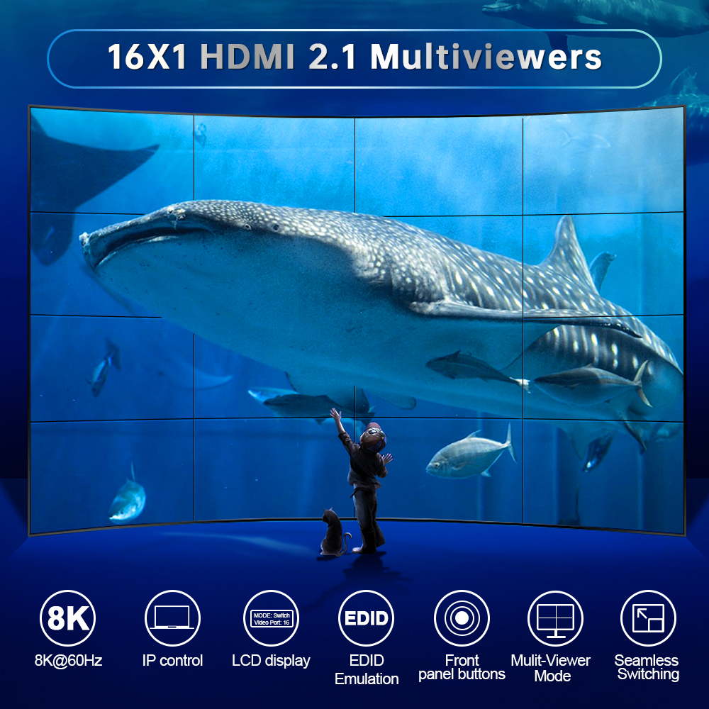 8K HDMI 2.1 マルチビューアー 16入力1出力 8K@60Hz対応 4×4 / 2×2 マルチビュー＆シームレス切替対応