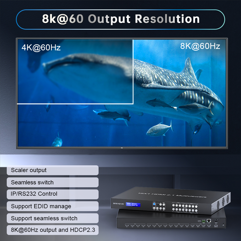 8K HDMI 2.1 マルチビューアー 16入力1出力 8K@60Hz対応 4×4 / 2×2 マルチビュー＆シームレス切替対応