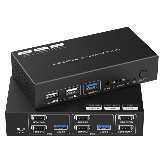 8K デュアルモニター KVMスイッチ 2入力1出力 USB 3.0対応 4K120対応