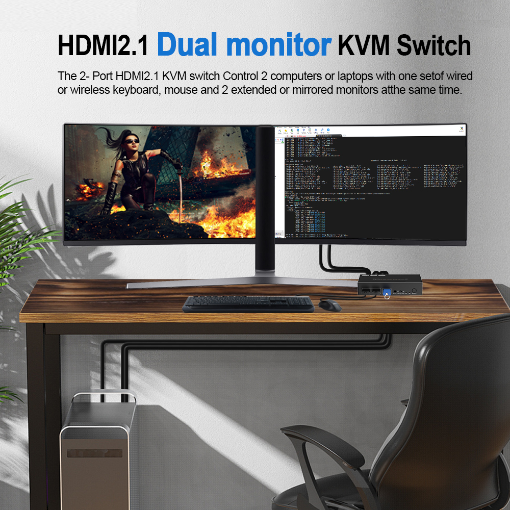 8K デュアルモニター KVMスイッチ 2入力1出力 USB 3.0対応 4K120対応