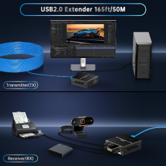 50m対応 USB 2.0 延長器 | Cat6伝送・4ポートUSBハブ搭載