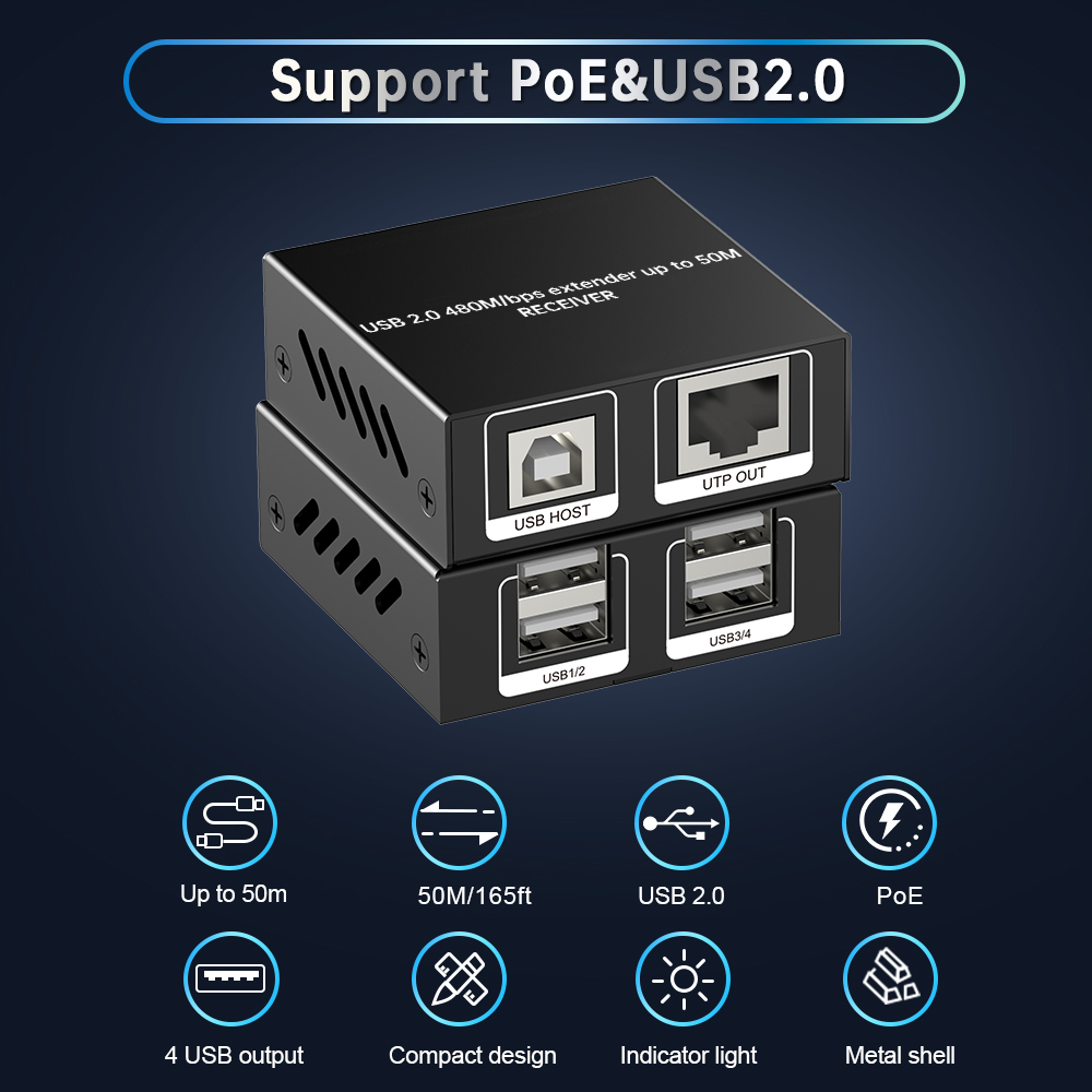 50m対応 USB 2.0 延長器 | Cat6伝送・4ポートUSBハブ搭載