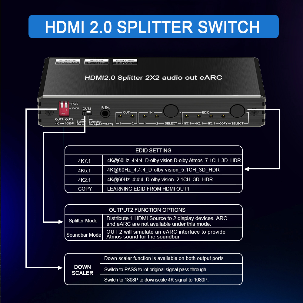 4K60 HDMI 2.0 Splitter 1x2 with eARC Audio EDID