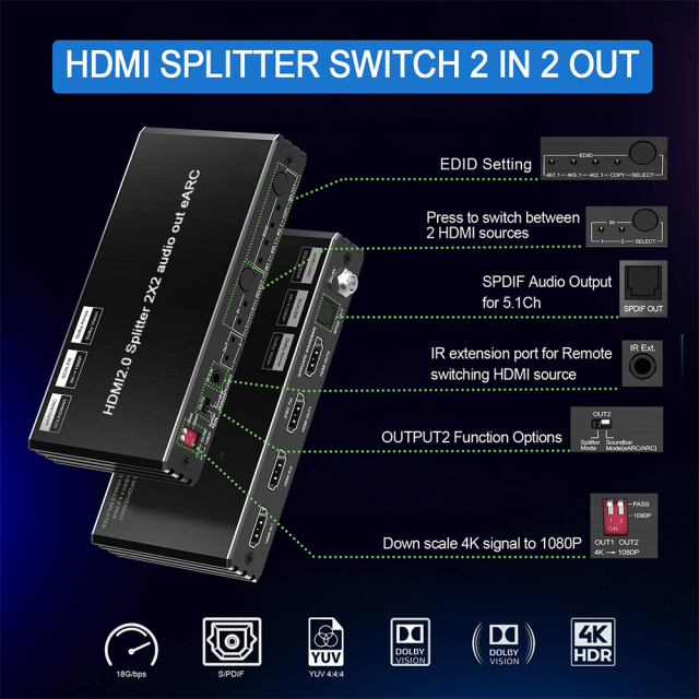 4K60 HDMI 2.0 Splitter 1x2 with eARC Audio EDID