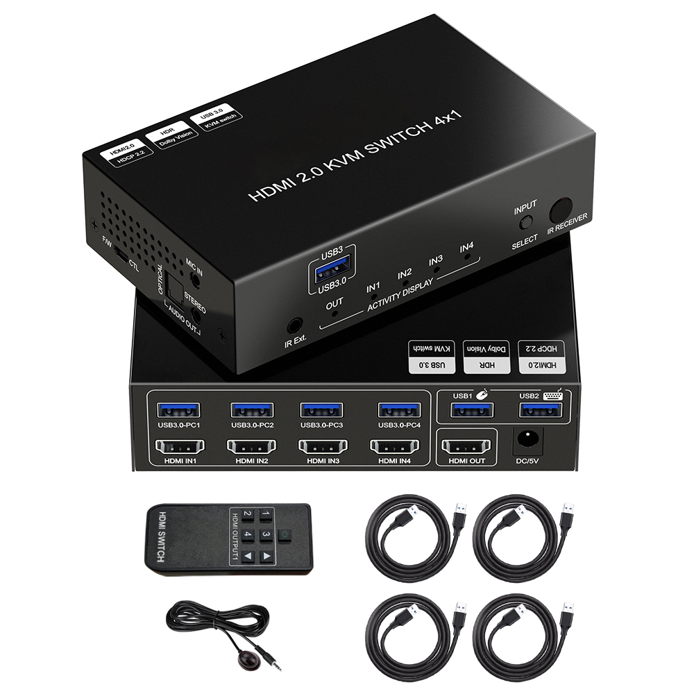 4K60 HDMI KVM Switch 4x1 with USB 3.0 Audio Breakout