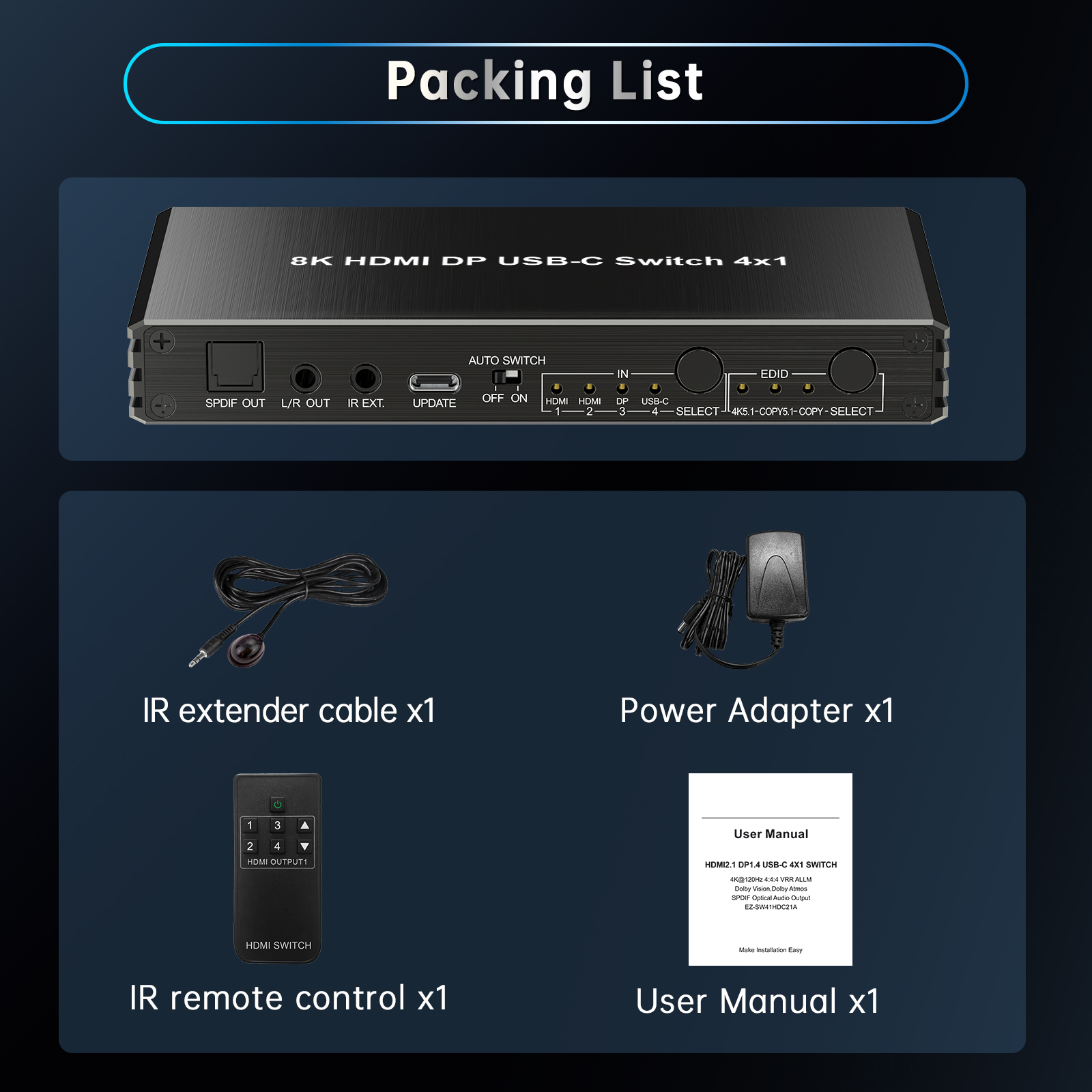 8K60 HDMI DP USB-C Switch 4x1 with HDR10 HDCP2.3