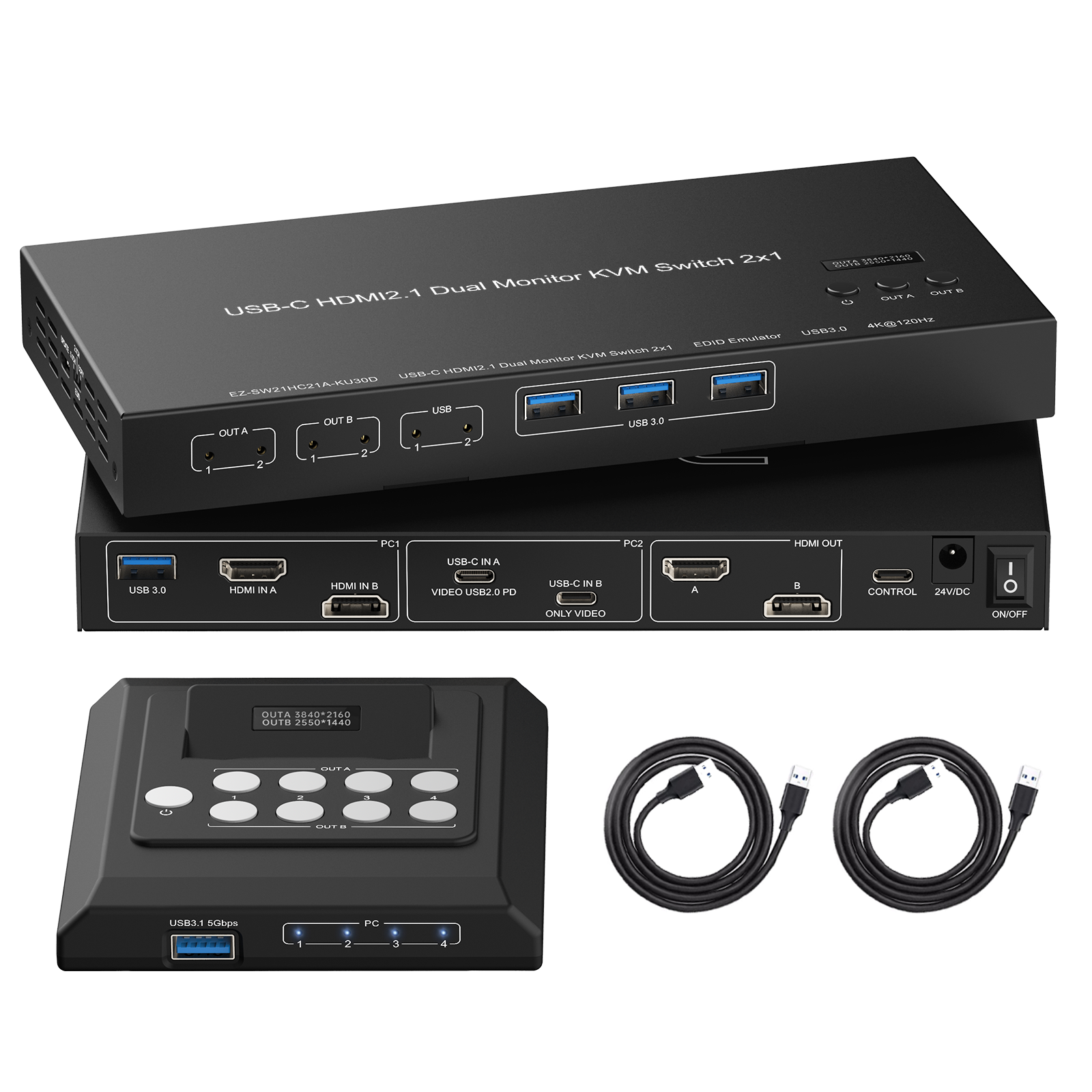 HDMI & USB-C Dual Monitor KVM Switch 2x1 | 8K@60Hz, 4K@120Hz, USB 3.0