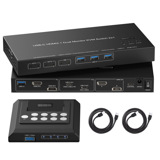 HDMI & USB-C Dual Monitor KVM Switch 2x1 | 8K@60Hz, 4K@120Hz, USB 3.0