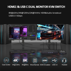 HDMI & USB-C Dual Monitor KVM Switch 2x1 | 8K@60Hz, 4K@120Hz, USB 3.0