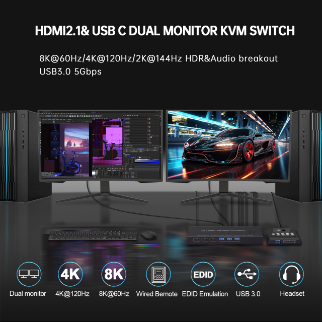 HDMI & USB-C Dual Monitor KVM Switch 2x1 | 8K@60Hz, 4K@120Hz, USB 3.0