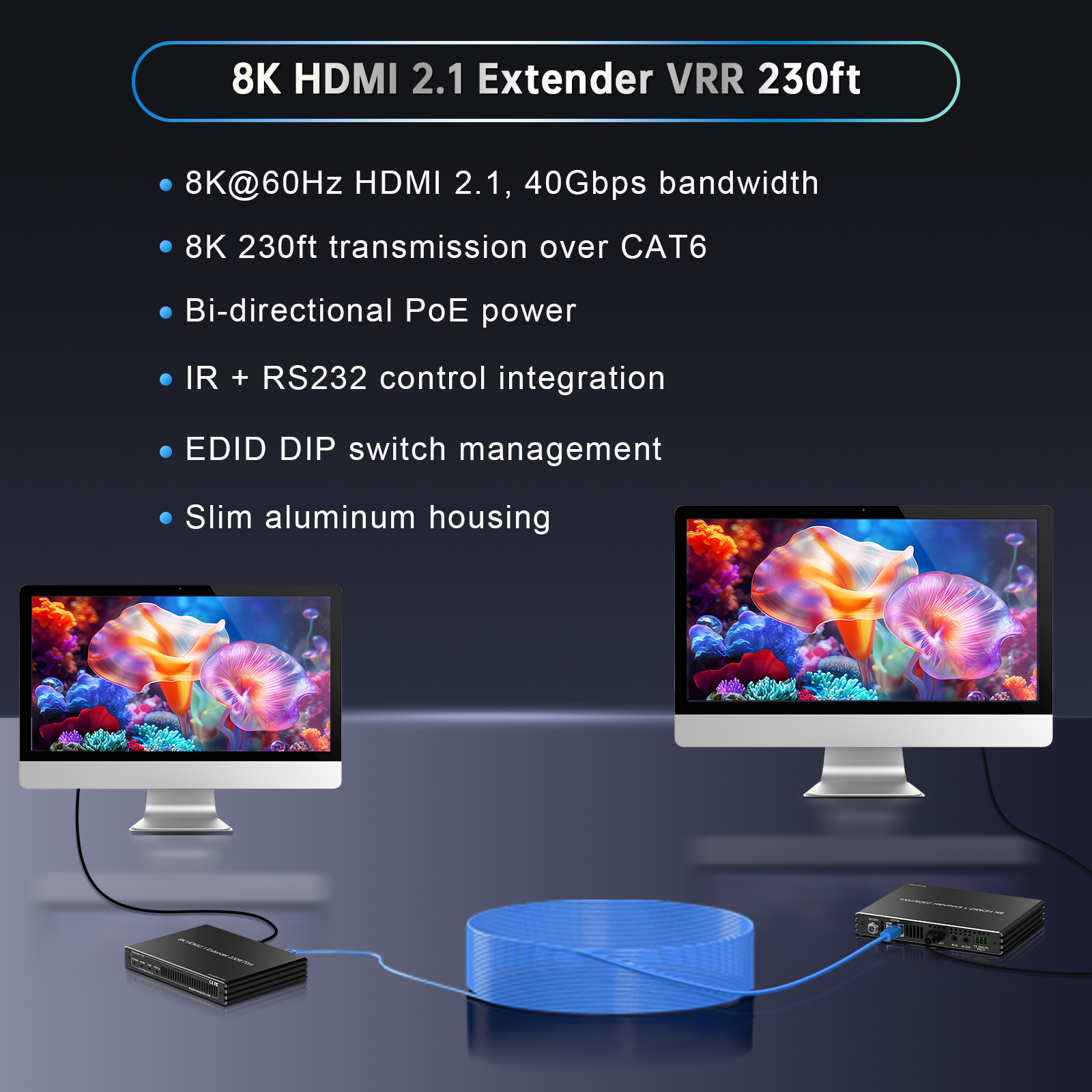 8K HDMI 2.1 エクステンダー | 8K@60Hz HDBaseT 映像延長器 PoE / IR / RS232対応