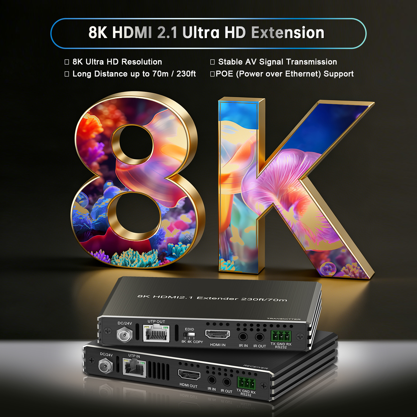 8K HDMI 2.1 エクステンダー | 8K@60Hz HDBaseT 映像延長器 PoE / IR / RS232対応
