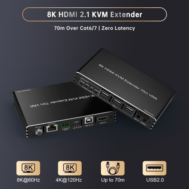 8K HDMI 2.1 Extender Over Cat6a 70m | HDMI Transmitter Receiver with RS232 PoE