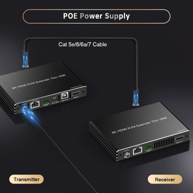 8K HDMI 2.1 Extender Over Cat6a 70m | HDMI Transmitter Receiver with RS232 PoE