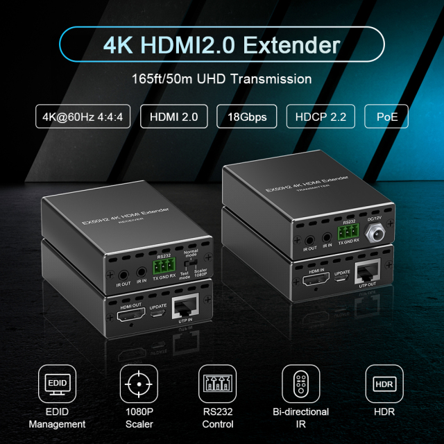 4K HDMI 2.0 Extender 50M over Cat6/7 with PoE, IR & RS232
