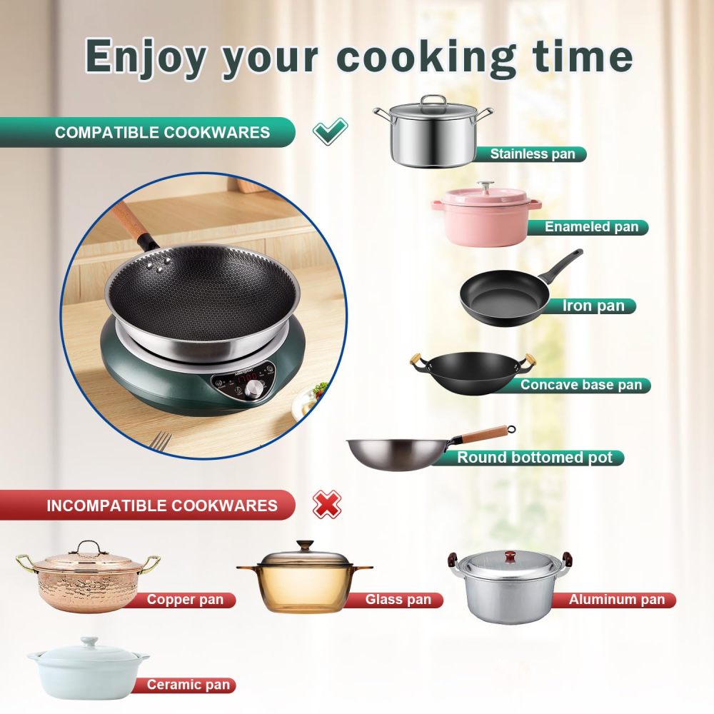 Wok Induction Cooktop 1700W 120V Wok Burner Induction Curved Electric Stove Hot Plate Frying Evenly