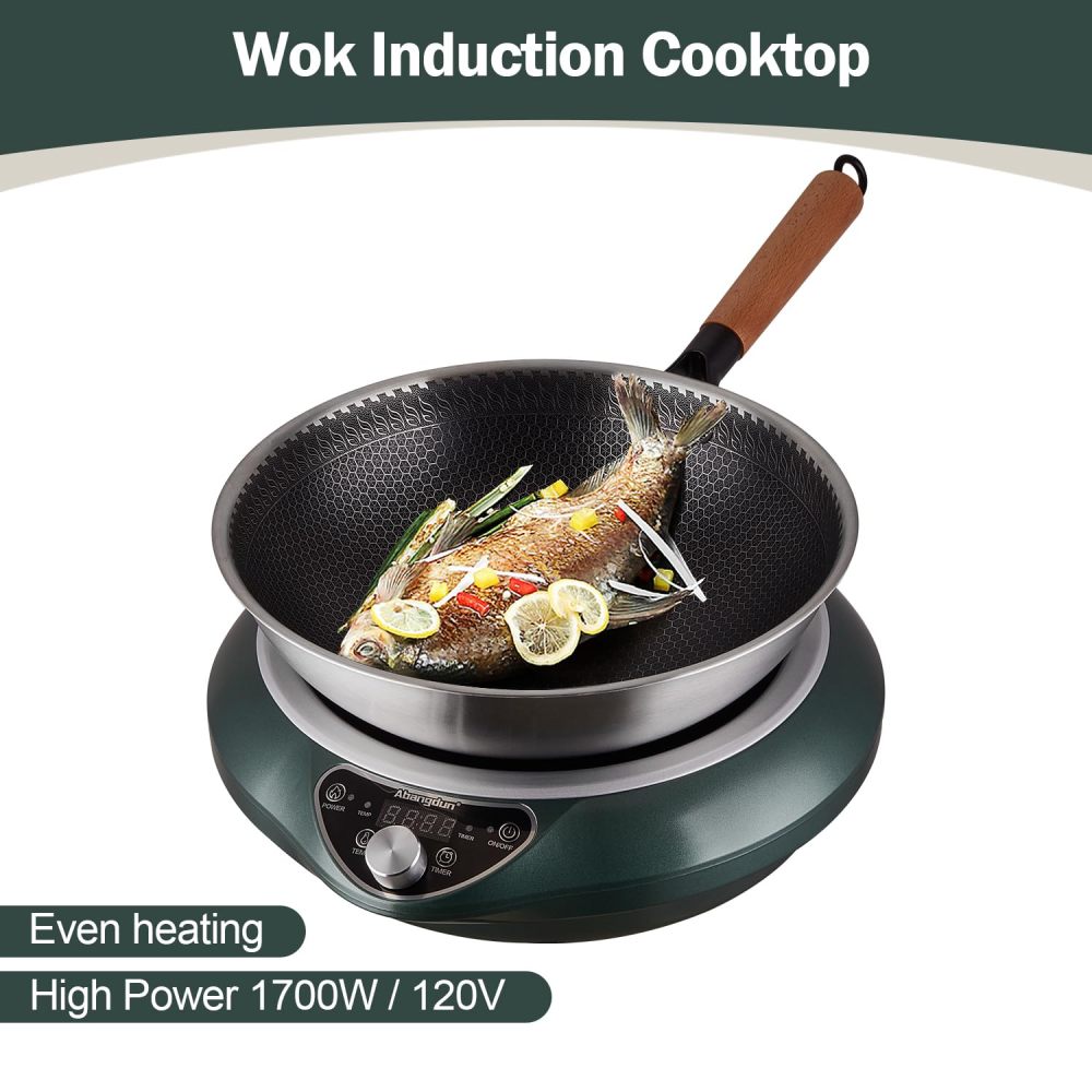 Wok Induction Cooktop 1700W 120V Wok Burner Induction Curved Electric Stove Hot Plate Frying Evenly