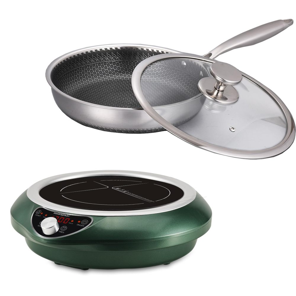 Induction Cooktop with Skillets1800W 120V Burner Cooker Nonstick Flat Pan Electric Stove Hot Plate Heat Evenly Fry Pan for Steak
